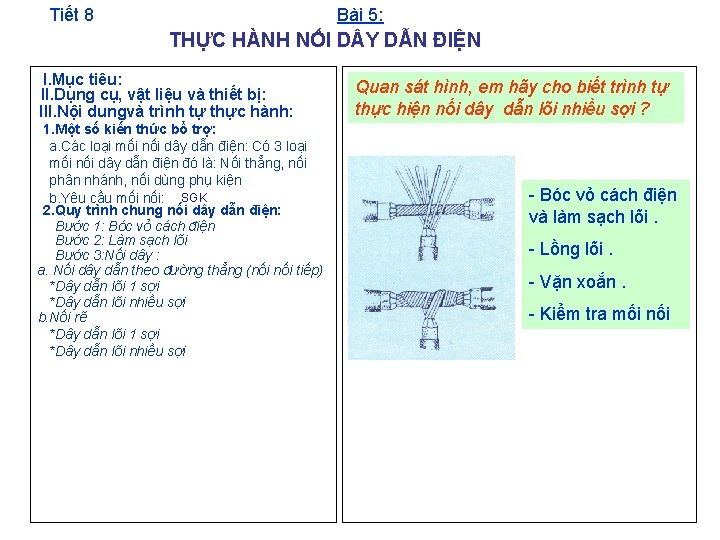 Tiết 8 Bài 5: THỰC HÀNH NỐI D Y DẪN ĐIỆN I. Mục tiêu: