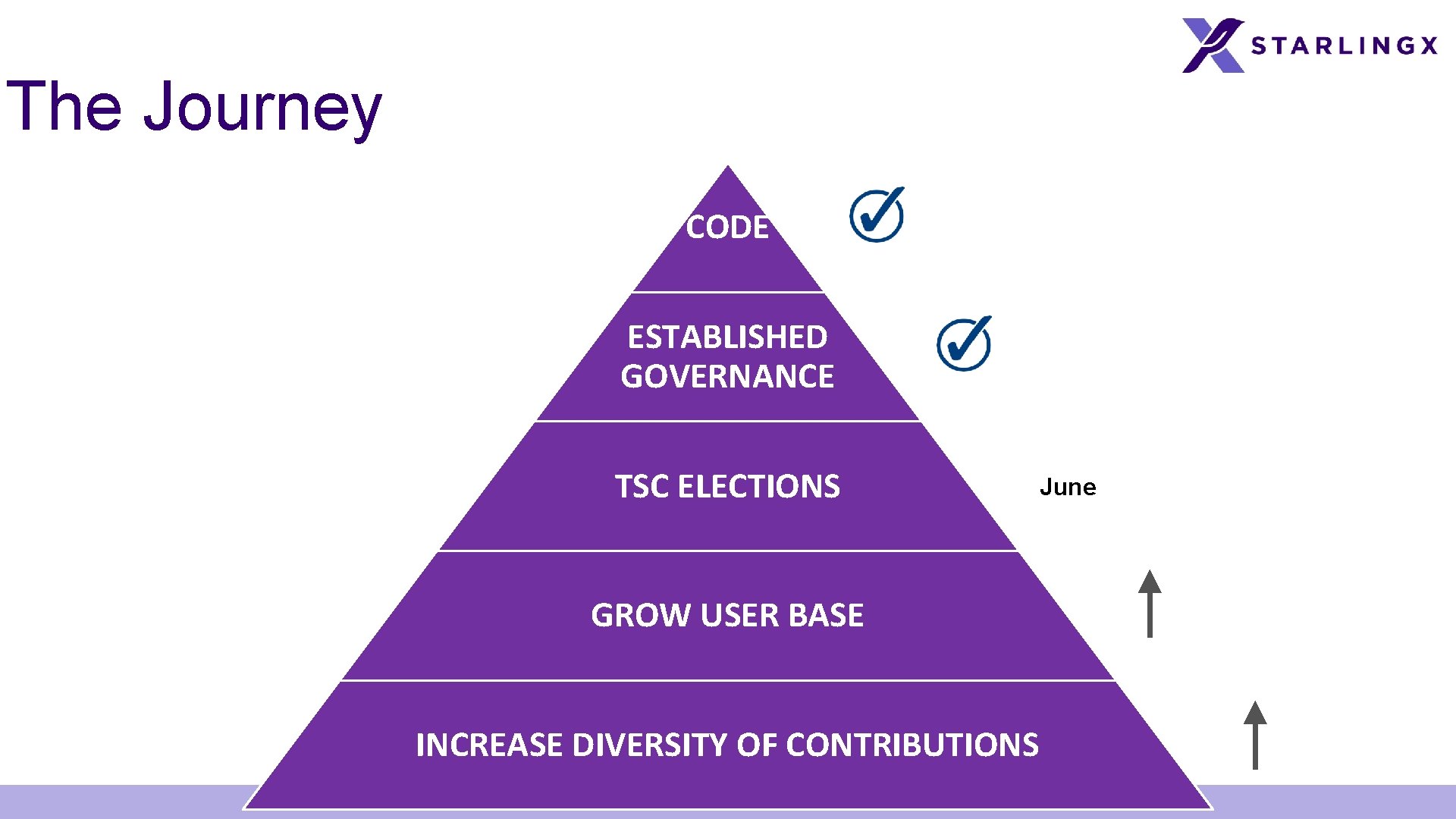 The Journey CODE ESTABLISHED GOVERNANCE TSC ELECTIONS GROW USER BASE INCREASE DIVERSITY OF CONTRIBUTIONS