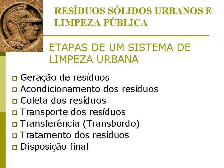 RESÍDUOS SÓLIDOS URBANOS E LIMPEZA PÚBLICA ETAPAS DE UM SISTEMA DE LIMPEZA URBANA Geração