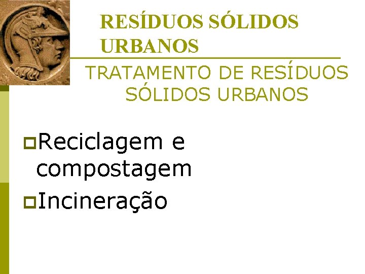 RESÍDUOS SÓLIDOS URBANOS TRATAMENTO DE RESÍDUOS SÓLIDOS URBANOS p. Reciclagem e compostagem p. Incineração