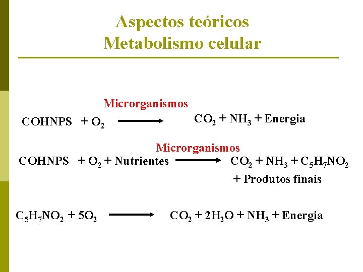 Aspectos teóricos Metabolismo celular Microrganismos COHNPS + O 2 CO 2 + NH 3