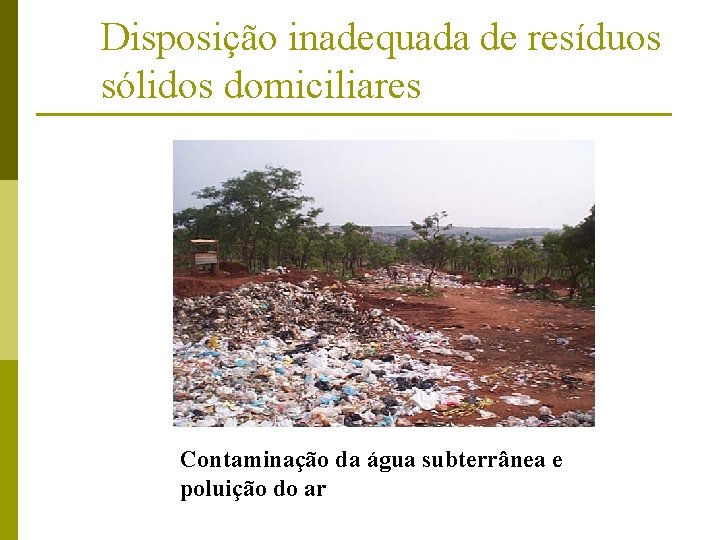 Disposição inadequada de resíduos sólidos domiciliares Contaminação da água subterrânea e poluição do ar