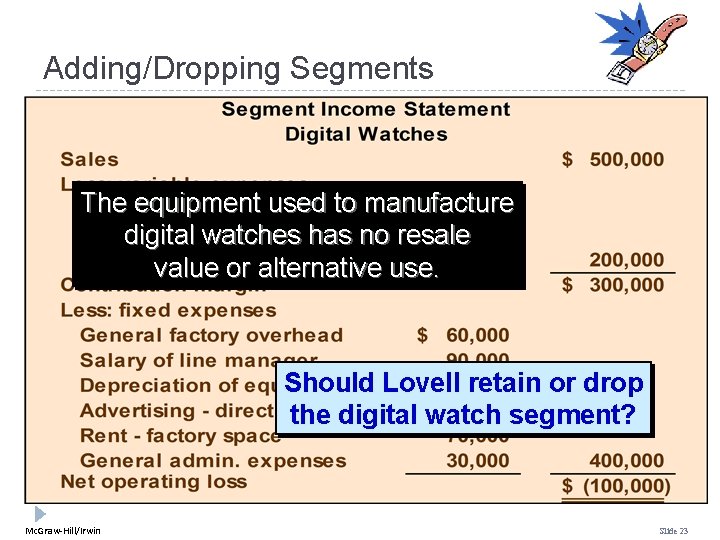 Adding/Dropping Segments The equipment used to manufacture digital watches has no resale value or Adding/Dropping Segments The equipment used to manufacture digital watches has no resale value or