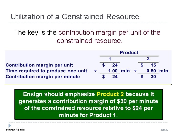 Utilization of a Constrained Resource The key is the contribution margin per unit of Utilization of a Constrained Resource The key is the contribution margin per unit of
