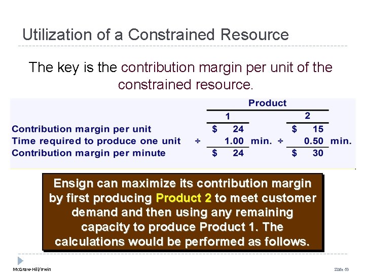 Utilization of a Constrained Resource The key is the contribution margin per unit of Utilization of a Constrained Resource The key is the contribution margin per unit of
