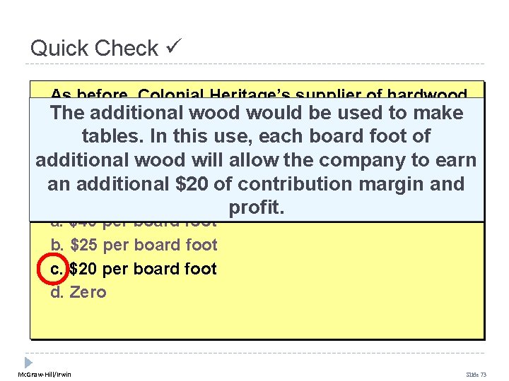 Quick Check As before, Colonial Heritage’s supplier of hardwood The additional wood would used Quick Check As before, Colonial Heritage’s supplier of hardwood The additional wood would used