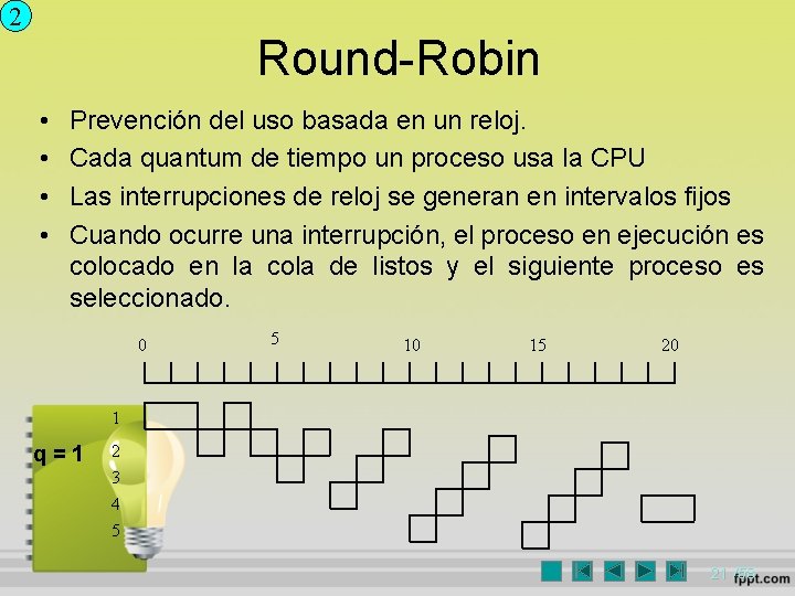 2 Round-Robin • • Prevención del uso basada en un reloj. Cada quantum de