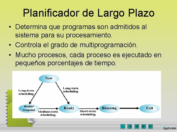 Planificador de Largo Plazo • Determina que programas son admitidos al sistema para su