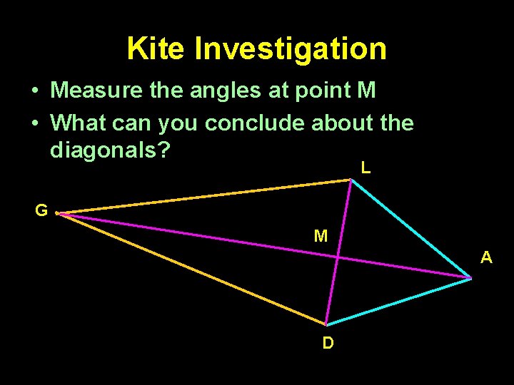 Kite Investigation • Measure the angles at point M • What can you conclude