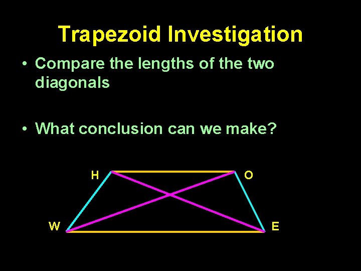 Trapezoid Investigation • Compare the lengths of the two diagonals • What conclusion can