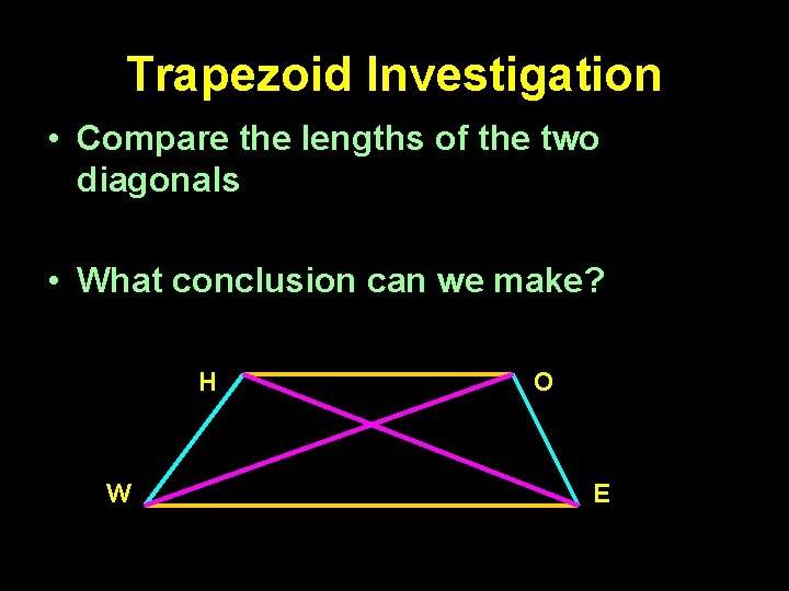 Trapezoid Investigation • Compare the lengths of the two diagonals • What conclusion can