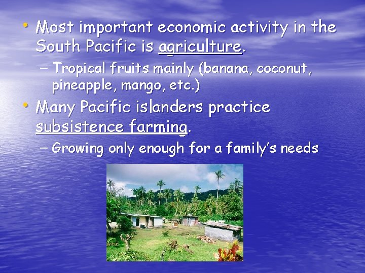  • Most important economic activity in the South Pacific is agriculture. – Tropical