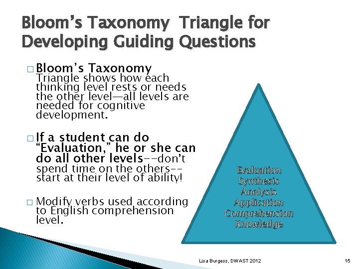 Bloom’s Taxonomy Triangle for Developing Guiding Questions � Bloom’s Taxonomy Triangle shows how each