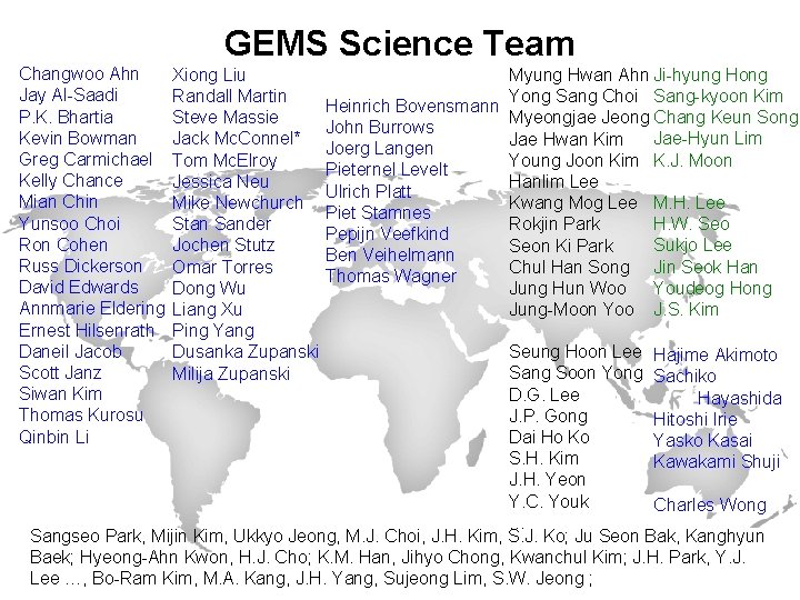 GEMS Science Team Changwoo Ahn Jay Al-Saadi P. K. Bhartia Kevin Bowman Greg Carmichael