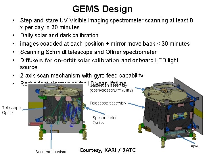 GEMS Design • Step-and-stare UV-Visible imaging spectrometer scanning at least 8 x per day