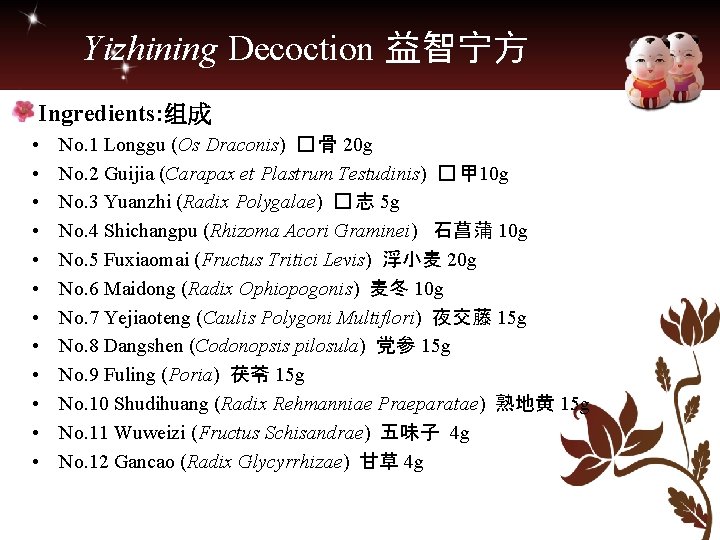 Yizhining Decoction 益智宁方 Ingredients: 组成 • • • No. 1 Longgu (Os Draconis) �