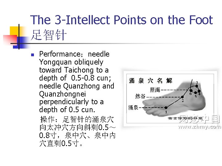 The 3 -Intellect Points on the Foot 足智针 n Performance；needle Yongquan obliquely toward Taichong