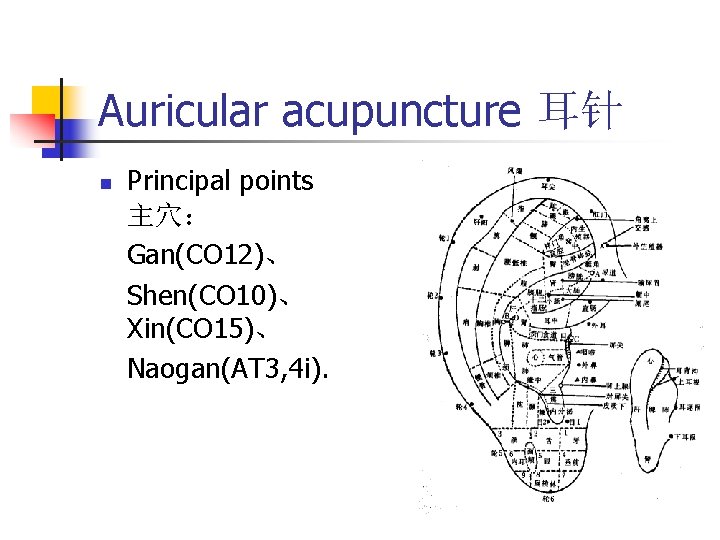 Auricular acupuncture 耳针 n Principal points 主穴： Gan(CO 12)、 Shen(CO 10)、 Xin(CO 15)、 Naogan(AT