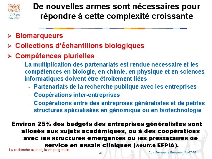 De nouvelles armes sont nécessaires pour répondre à cette complexité croissante Biomarqueurs Ø Collections