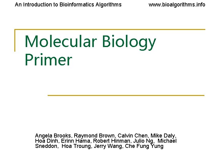 An Introduction to Bioinformatics Algorithms www. bioalgorithms. info Molecular Biology Primer Angela Brooks, Raymond