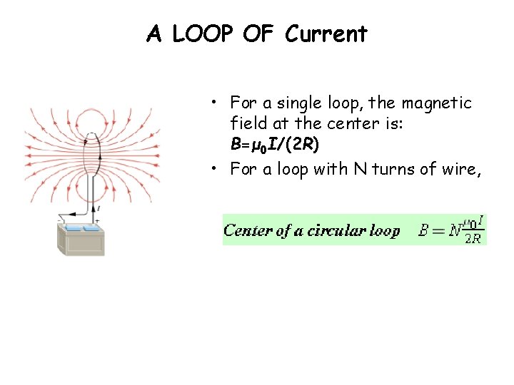A LOOP OF Current • For a single loop, the magnetic field at the A LOOP OF Current • For a single loop, the magnetic field at the