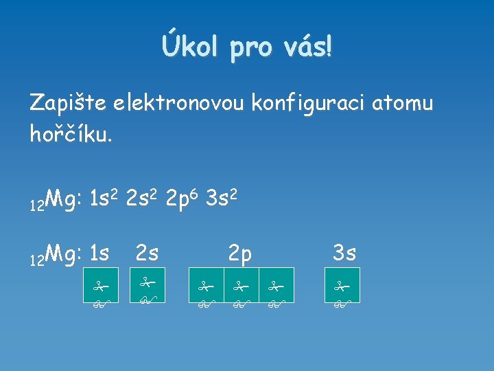 Úkol pro vás! Zapište elektronovou konfiguraci atomu hořčíku. 2 2 s 2 2 p