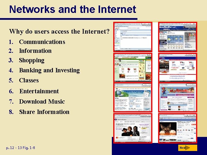 Networks and the Internet Why do users access the Internet? 1. Communications 2. Information