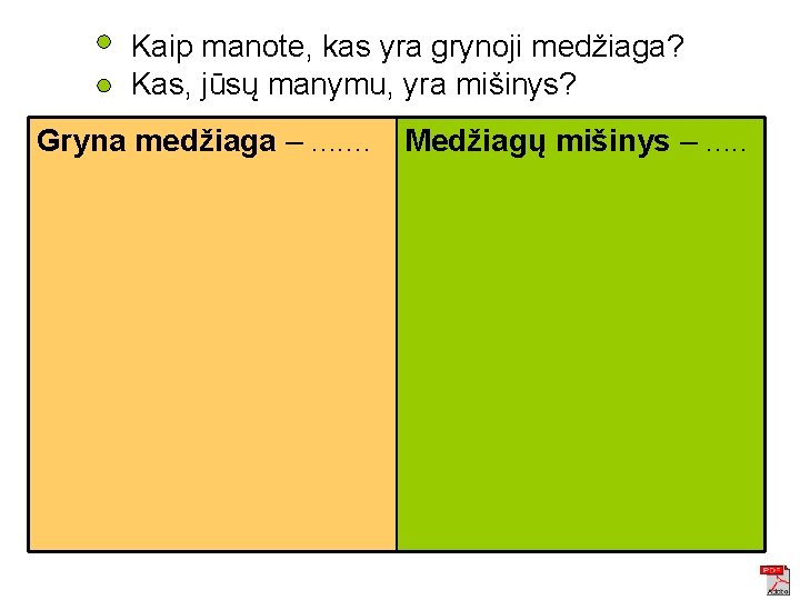 Kaip manote, kas yra grynoji medžiaga? Kas, jūsų manymu, yra mišinys? Gryna medžiaga –. Kaip manote, kas yra grynoji medžiaga? Kas, jūsų manymu, yra mišinys? Gryna medžiaga –.