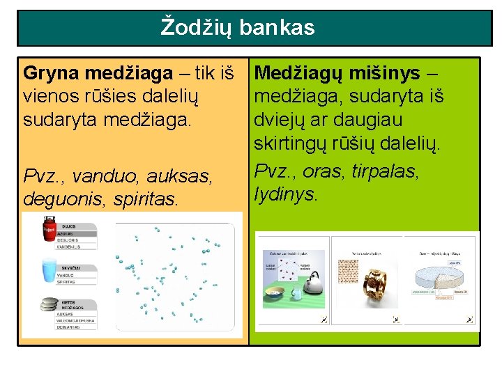 Žodžių bankas Gryna medžiaga – tik iš vienos rūšies dalelių sudaryta medžiaga. Pvz. , Žodžių bankas Gryna medžiaga – tik iš vienos rūšies dalelių sudaryta medžiaga. Pvz. ,