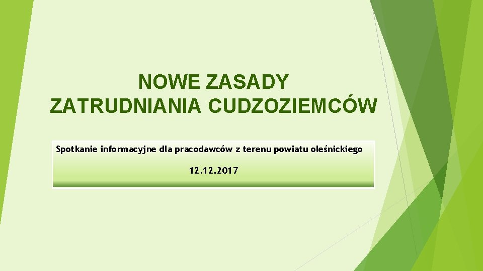 NOWE ZASADY ZATRUDNIANIA CUDZOZIEMCÓW Spotkanie informacyjne dla pracodawców z terenu powiatu oleśnickiego 12. 2017