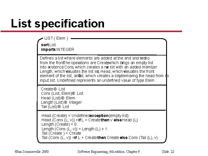 List specification LIST ( Elem ) sort List imports INTEGER Defines a list where