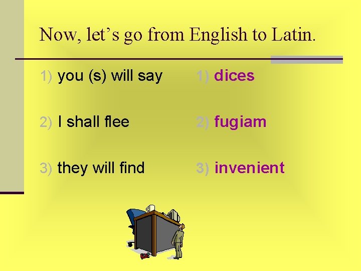 Now, let’s go from English to Latin. 1) you (s) will say 1) dices Now, let’s go from English to Latin. 1) you (s) will say 1) dices