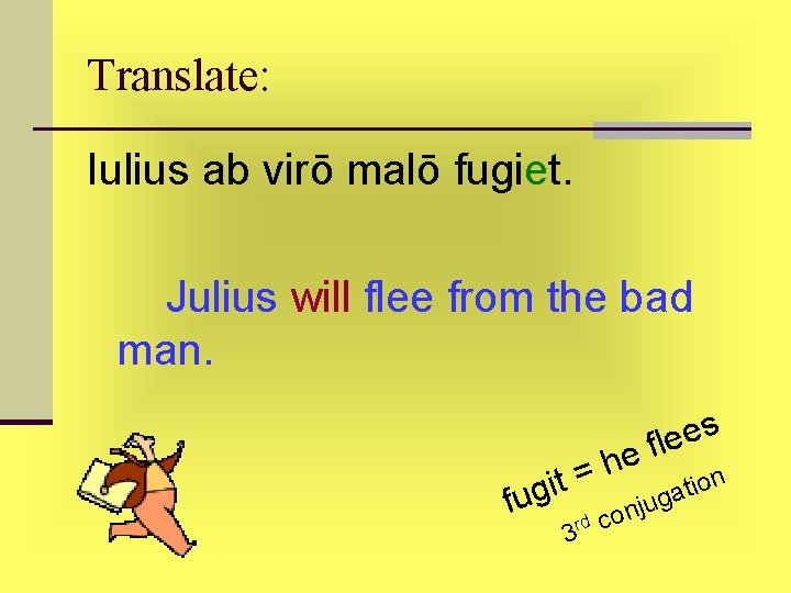 Translate: Iulius ab virō malō fugiet. Julius will flee from the bad man. s Translate: Iulius ab virō malō fugiet. Julius will flee from the bad man. s