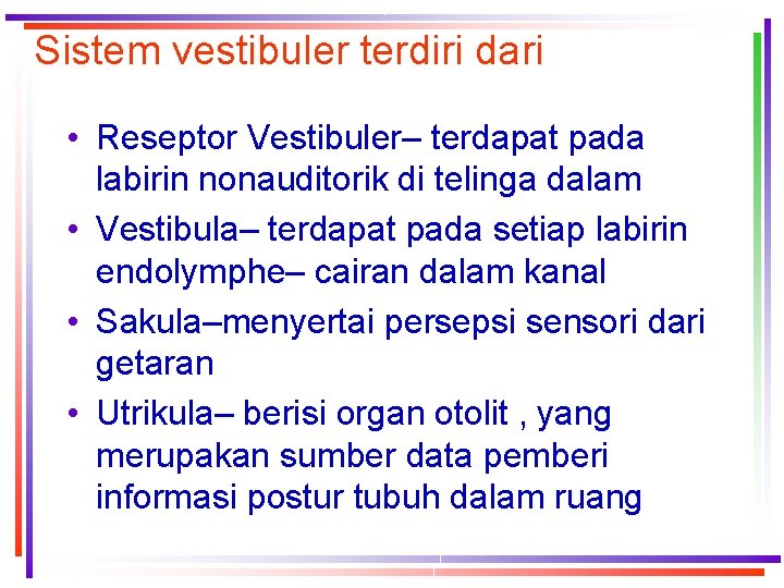 Sistem vestibuler terdiri dari • Reseptor Vestibuler– terdapat pada labirin nonauditorik di telinga dalam