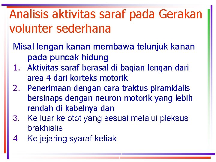 Analisis aktivitas saraf pada Gerakan volunter sederhana Misal lengan kanan membawa telunjuk kanan pada