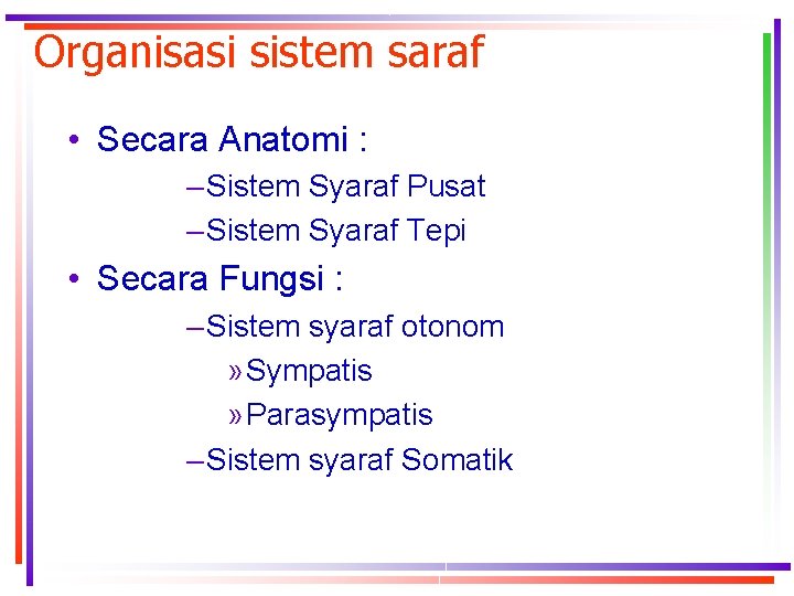 Organisasi sistem saraf • Secara Anatomi : – Sistem Syaraf Pusat – Sistem Syaraf
