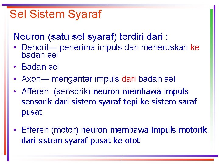 Sel Sistem Syaraf Neuron (satu sel syaraf) terdiri dari : • Dendrit— penerima impuls