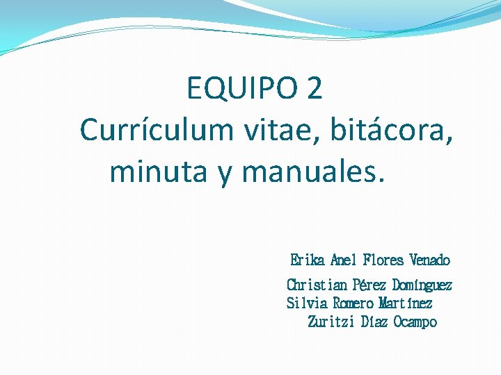 EQUIPO 2 Currículum vitae, bitácora, minuta y manuales. Erika Anel Flores Venado Christian Pérez