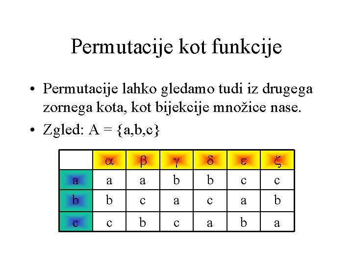 Permutacije kot funkcije • Permutacije lahko gledamo tudi iz drugega zornega kota, kot bijekcije