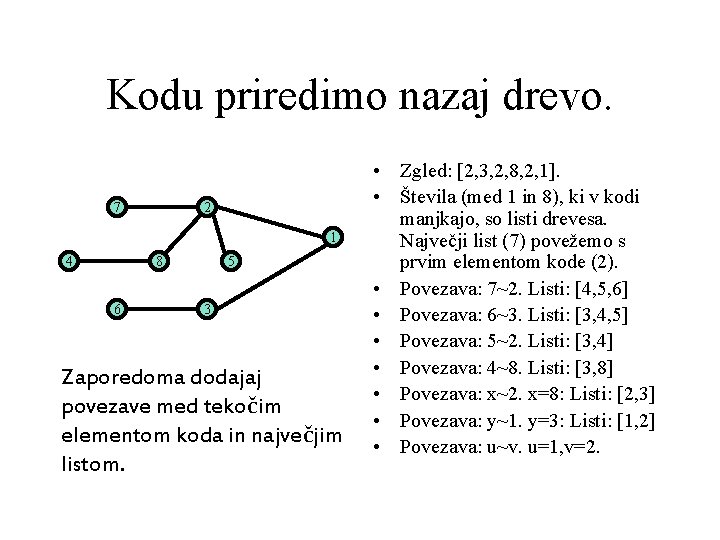 Kodu priredimo nazaj drevo. 7 2 1 4 8 6 5 3 Zaporedoma dodajaj