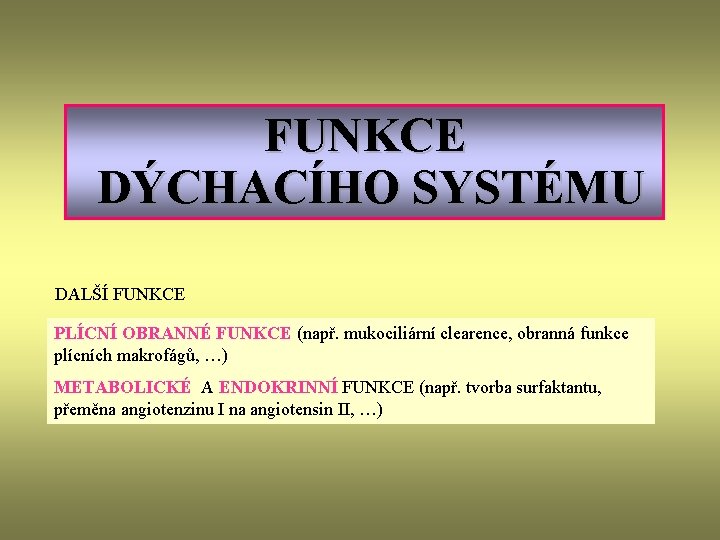 FUNKCE DÝCHACÍHO SYSTÉMU DALŠÍ FUNKCE PLÍCNÍ OBRANNÉ FUNKCE (např. mukociliární clearence, obranná funkce plícních