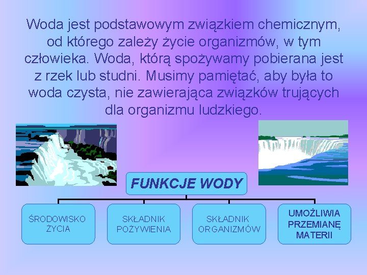 Woda jest podstawowym związkiem chemicznym, od którego zależy życie organizmów, w tym człowieka. Woda,