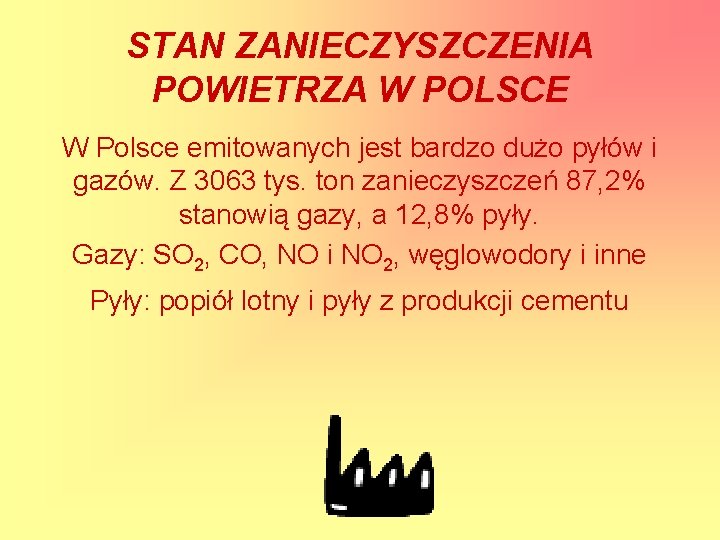 STAN ZANIECZYSZCZENIA POWIETRZA W POLSCE W Polsce emitowanych jest bardzo dużo pyłów i gazów.