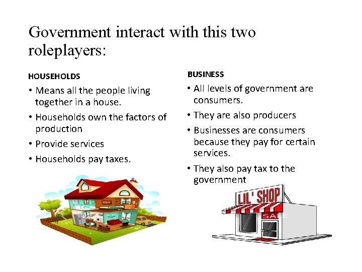 Government interact with this two roleplayers: HOUSEHOLDS • Means all the people living together