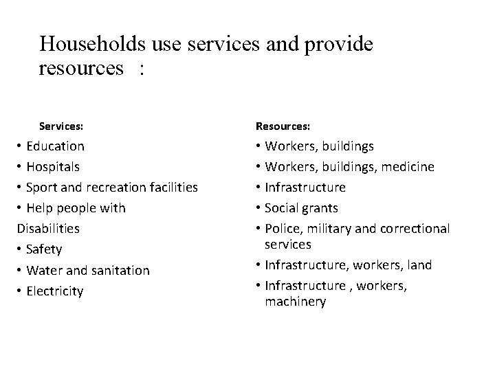 Households use services and provide resources : Services: • Education • Hospitals • Sport