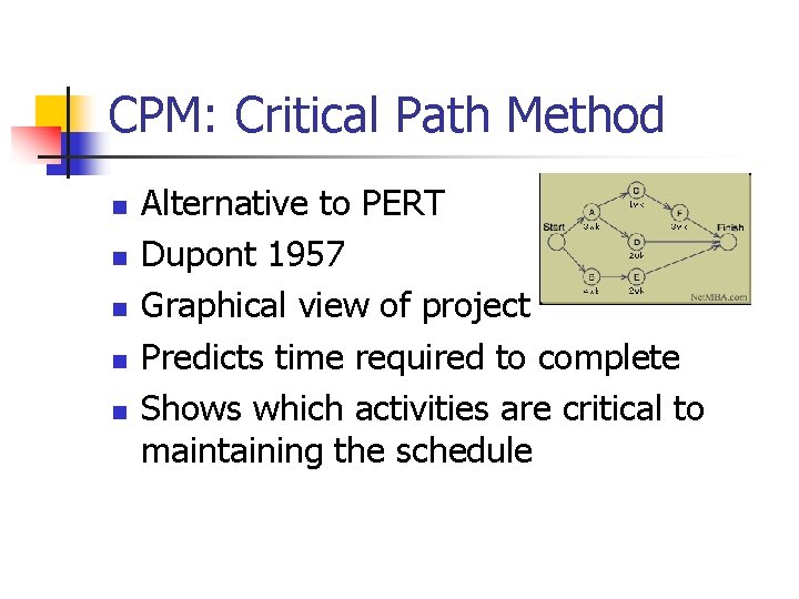 CPM: Critical Path Method n n n Alternative to PERT Dupont 1957 Graphical view CPM: Critical Path Method n n n Alternative to PERT Dupont 1957 Graphical view