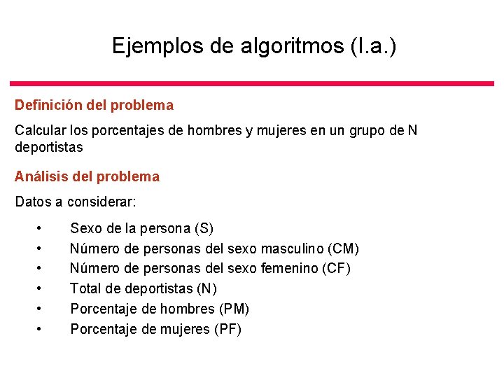 Ejemplos de algoritmos (I. a. ) Definición del problema Calcular los porcentajes de hombres
