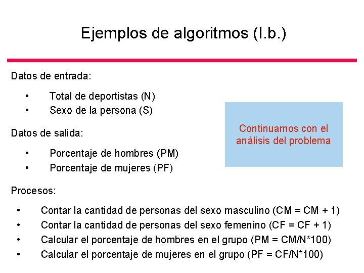 Ejemplos de algoritmos (I. b. ) Datos de entrada: • • Total de deportistas
