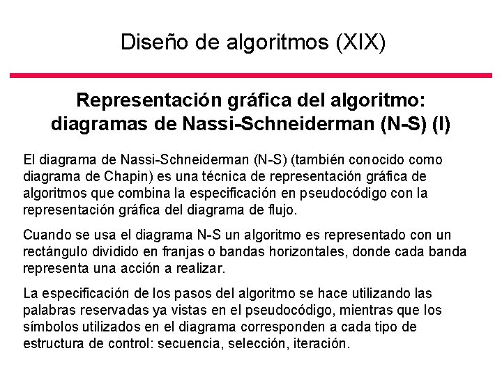 Diseño de algoritmos (XIX) Representación gráfica del algoritmo: diagramas de Nassi-Schneiderman (N-S) (I) El