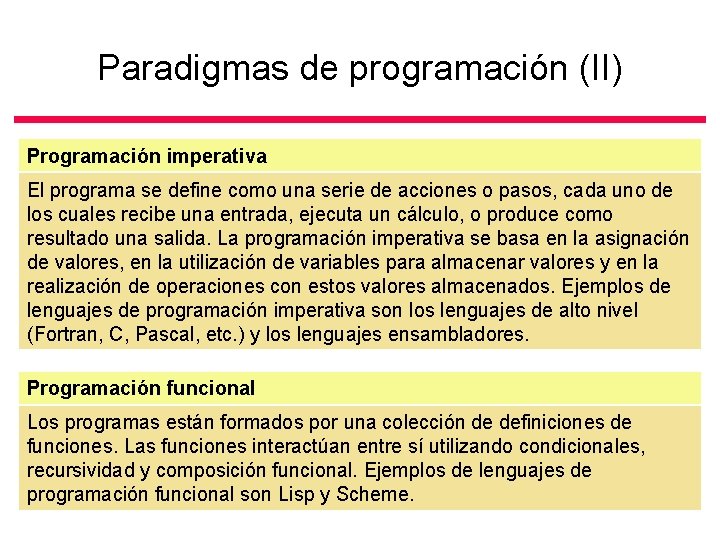 Paradigmas de programación (II) Programación imperativa El programa se define como una serie de